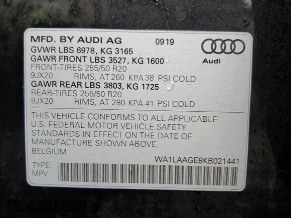 2019 Audi e-tron Premium Plus with VIN WA1LAAGE8KB021441, listed as a Copart auction lot 82905684 with 41,351 mi miles and Salvage title. Bid and sale history available at DreamBid. Image 13.