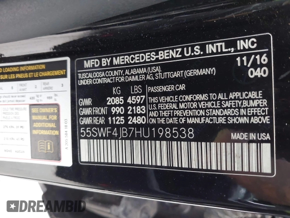 2017 Mercedes-Benz C 300 with VIN 55SWF4JB7HU198538, listed as a IAAI auction lot 42648062 with Not provided miles and . Bid and sale history available at DreamBid. Image 9.