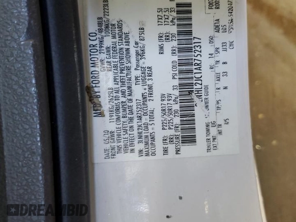 2010 Lincoln MKZ with VIN 3LNHL2JC1AR752317, listed as a Copart auction lot 56758355 with 214,604 mi miles and Non repairable. Bid and sale history available at DreamBid. Image 12.