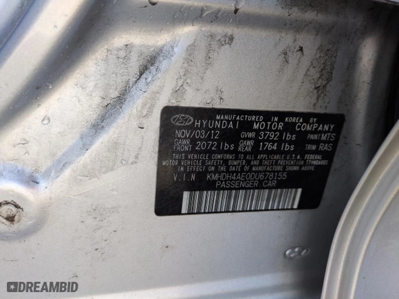 2013 Hyundai Elantra GLS PZEV with VIN KMHDH4AE0DU678155, listed as a Copart auction lot 49678705 with 108,440 mi miles and Salvage Title. Bid and sale history available at carsss.com. Image 12.