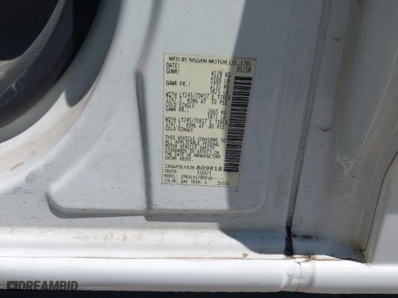 2018 Nissan NV Cargo SV with VIN 1N6AF0LYXJN809818, listed as a IAAI auction lot 41954852 with 109329 miles. Bid and sale history available at carsss.com. Image 9.