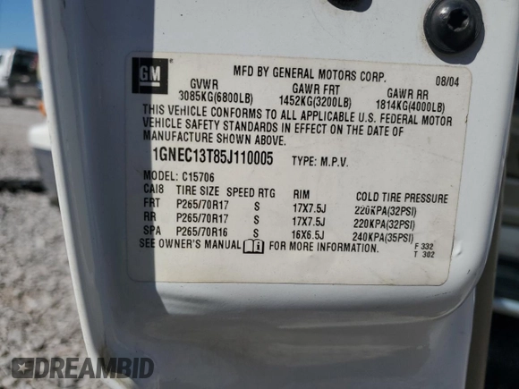 2005 Chevrolet Tahoe LS with VIN 1GNEC13T85J110005, listed as a Copart auction lot 74906884 with 433,460 mi miles and Salvage Title. Bid and sale history available at carsss.com. Image 13.