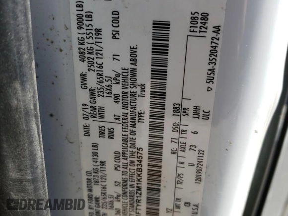 2019 Ford Transit with VIN 1FTYR1ZM1KKB34575, listed as a Copart auction lot 51759335 with 112,605 mi miles and Salvage Title. Bid and sale history available at DreamBid. Image 13.
