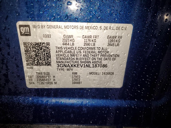2022 Chevrolet Equinox LT with VIN 3GNAXKEV1NL187086, listed as a Copart auction lot 84947894 with 22,428 mi miles and Non Repairable. Bid and sale history available at carsss.com. Image 13.