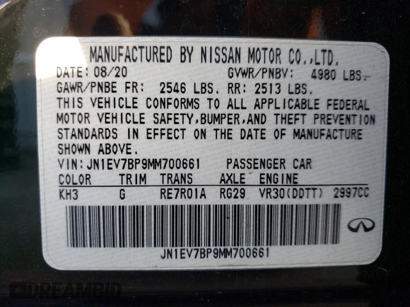 2021 Infiniti Q50 3.0t LUXE with VIN JN1EV7BP9MM700661, listed as a Copart auction lot 47864815 with 70,459 mi miles and Non Repairable. Bid and sale history available at carsss.com. Image 12.