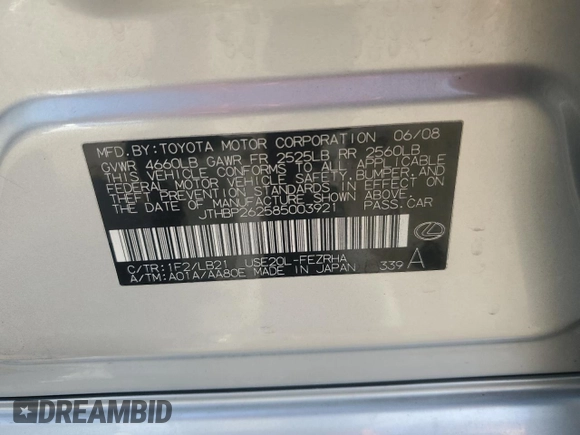 2008 Lexus IS F F z VIN JTHBP262585003921, wystawiony jako Copart lot #82384074 z przebiegiem 104 117 mil mil oraz Szkody całkowita. Historia ofert i sprzedaży dostępna na DreamBid. Obrazek 14.
