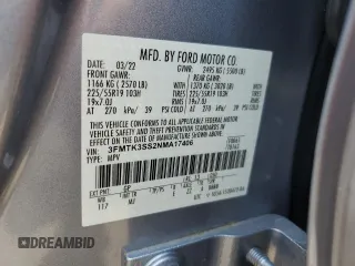 2022 Ford Mustang Mach-E Premium с VIN 3FMTK3SS2NMA17406, выставлен на аукционе Copart как лот 60129565 с пробегом 28 940 миль миль и Списание • Salvage title. История ставок и продаж доступна на DreamBid. Изображение 12.