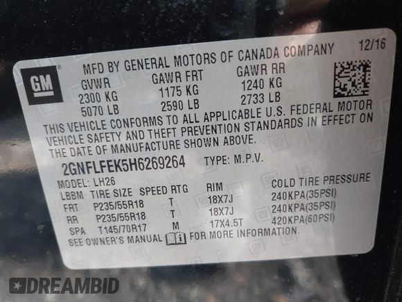 2017 Chevrolet Equinox LT with VIN 2GNFLFEK5H6269264, listed as a IAAI auction lot 42149604 with 107,601 mi miles and . Bid and sale history available at DreamBid. Image 9.