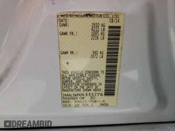 2015 Nissan Altima S with VIN 1N4AL3APXFN335776, listed as a Copart auction lot 54700805 with 171,535 mi miles and Salvage Title. Bid and sale history available at DreamBid. Image 13.