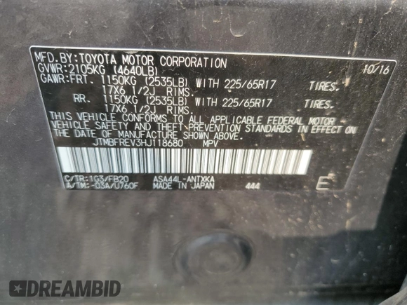 2017 Toyota RAV4 LE z VIN JTMBFREV3HJ118680, wystawiony jako Copart lot #60592805 z przebiegiem 213 787 mil mil oraz Szkoda całkowita • Salvage title. Historia ofert i sprzedaży dostępna na DreamBid. Obrazek 13.