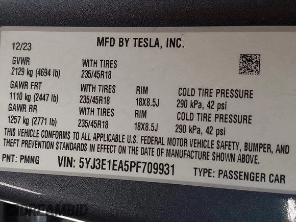 2023 Tesla Model 3 с VIN 5YJ3E1EA5PF709931, выставлен на аукционе IAAI как лот 42505968 с пробегом 17 065 миль миль и . История ставок и продаж доступна на DreamBid. Изображение 9.