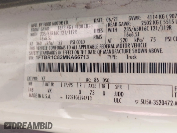 2021 Ford Transit Cargo with VIN 1FTBR1C82MKA66713, listed as a IAAI auction lot 41479187 with 50,415 mi miles and . Bid and sale history available at DreamBid. Image 9.