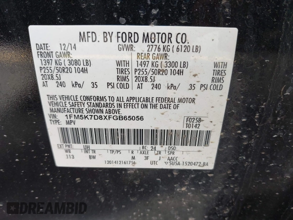 2015 Ford Explorer XLT with VIN 1FM5K7D8XFGB65056, listed as a IAAI auction lot 41853285 with 131,533 mi miles and . Bid and sale history available at carsss.com. Image 9.