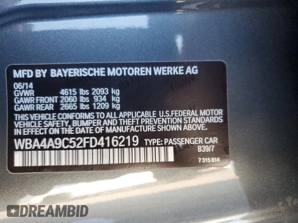 2015 BMW 4 Series 428i with VIN WBA4A9C52FD416219, listed as a Copart auction lot 48703365 with 87,162 mi miles and Clean title. Bid and sale history available at DreamBid. Image 13.