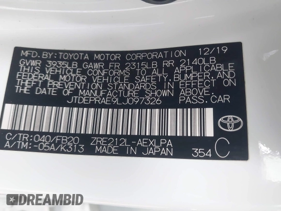 2020 Toyota Corolla LE with VIN JTDEPRAE9LJ097326, listed as a IAAI auction lot 41549785 with 155,892 mi miles. Bid and sale history available at carsss.com. Image 9.