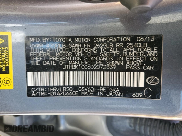 2013 Lexus ES 4dr Sdn with VIN JTHBK1GG6D2072339, listed as a Copart auction lot 52162235 with 163,691 mi miles and Salvage Title. Bid and sale history available at carsss.com. Image 12.