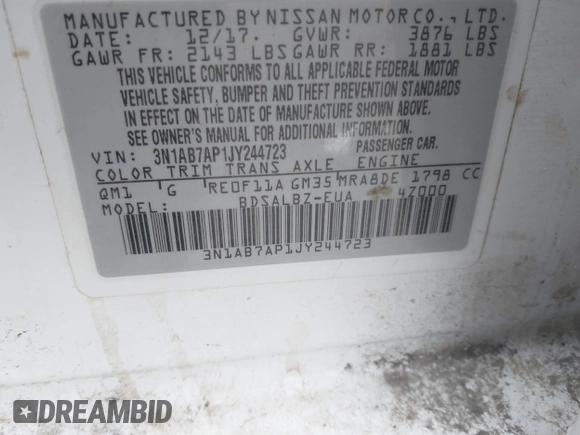 2018 Nissan Sentra S z VIN 3N1AB7AP1JY244723, wystawiony jako IAAI lot #41841569 z przebiegiem 112 212 mil mil oraz . Historia ofert i sprzedaży dostępna na DreamBid. Obrazek 9.