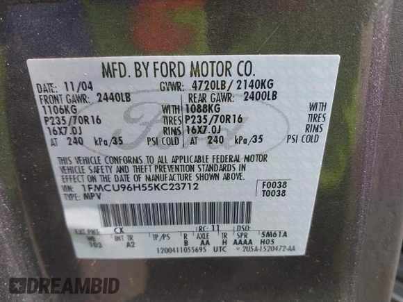 2005 Ford Escape Hybrid with VIN 1FMCU96H55KC23712, listed as a IAAI auction lot 41709080 with 164,281 mi miles and . Bid and sale history available at DreamBid. Image 9.