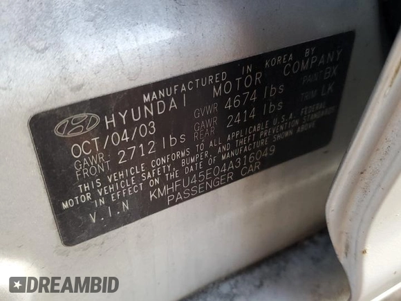 2004 Hyundai XG with VIN KMHFU45E04A316049, listed as a Copart auction lot 43229685 with 101,510 mi miles and Salvage Title. Bid and sale history available at DreamBid. Image 12.