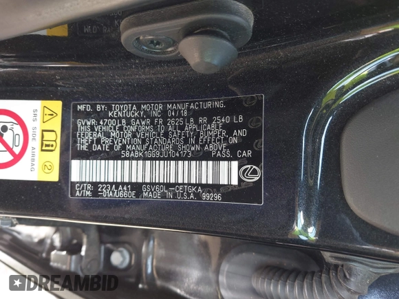 2018 Lexus ES 350 z VIN 58ABK1GG9JU104173, wystawiony jako IAAI lot #41968957 z przebiegiem 83 624 mil mil oraz . Historia ofert i sprzedaży dostępna na DreamBid. Obrazek 9.