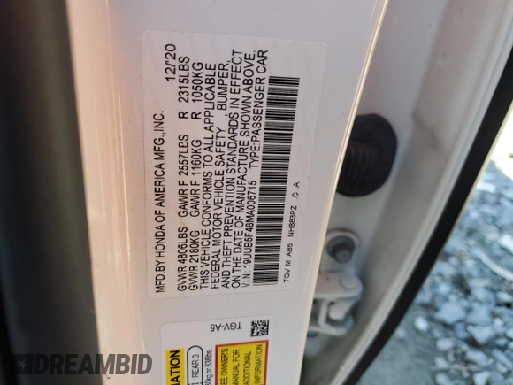 2021 Acura TLX Technology with VIN 19UUB5F48MA006715, listed as a Copart auction lot 49398855 with 47,730 mi miles and Salvage title. Bid and sale history available at DreamBid. Image 12.