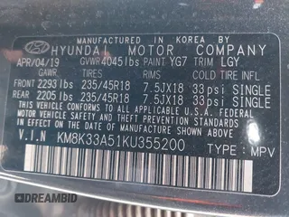 2019 Hyundai Kona Limited with VIN KM8K33A51KU355200, listed as a IAAI auction lot 41577081 with 14,718 mi miles. Bid and sale history available at carsss.com. Image 9.