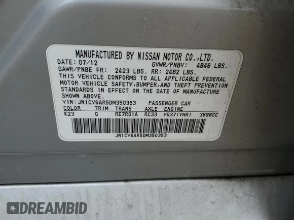 2013 Infiniti G37 x z VIN JN1CV6AR5DM350353, wystawiony jako Copart lot #49036004 z przebiegiem 99 508 mil mil oraz Nie do naprawy • Non repairable. Historia ofert i sprzedaży dostępna na DreamBid. Obrazek 12.