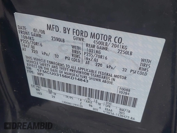 2008 Ford Escape XLT с VIN 1FMCU03158KD14843, выставлен на аукционе IAAI как лот 42365999 с пробегом 89 452 миль миль и . История ставок и продаж доступна на DreamBid. Изображение 9.