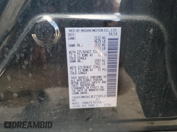 2014 Nissan Rogue SV with VIN 5N1AT2MV1EC827052, listed as a Copart auction lot 50398795 with 119,514 mi miles and Salvage Title. Bid and sale history available at DreamBid. Image 13.