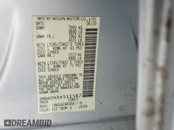 2020 Nissan Titan SV z VIN 1N6AA1FA3LN511567, wystawiony jako Copart lot #54921955 z przebiegiem 74 002 mil mil oraz Szkoda całkowita • Salvage title. Historia ofert i sprzedaży dostępna na DreamBid. Obrazek 12.