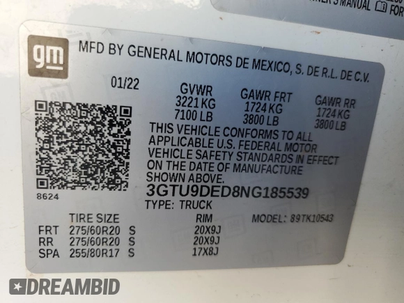 2022 GMC Sierra 1500 SLT z VIN 3GTU9DED8NG185539, wystawiony jako Copart lot #48722825 z przebiegiem 59 266 mil mil oraz Szkoda całkowita • Salvage title. Historia ofert i sprzedaży dostępna na DreamBid. Obrazek 13.