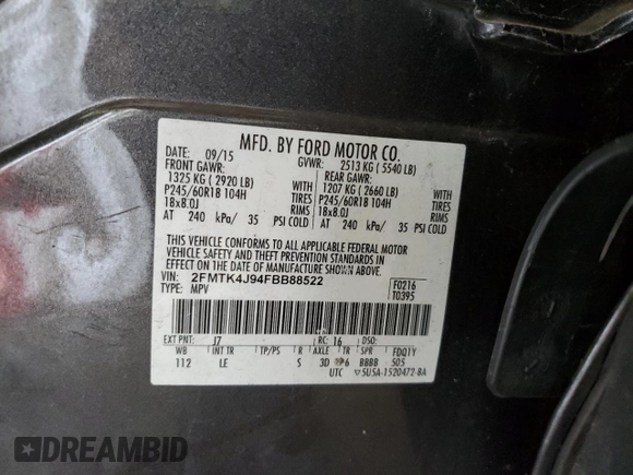 2015 Ford Edge SEL with VIN 2FMTK4J94FBB88522, listed as a Copart auction lot 51311955 with 0 mi miles and Salvage Title. Bid and sale history available at carsss.com. Image 13.