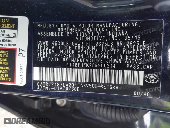 2015 Toyota Camry XLE with VIN 4T4BF1FK7FR500214, listed as a IAAI auction lot 41901003 with 64,771 mi miles and . Bid and sale history available at DreamBid. Image 9.