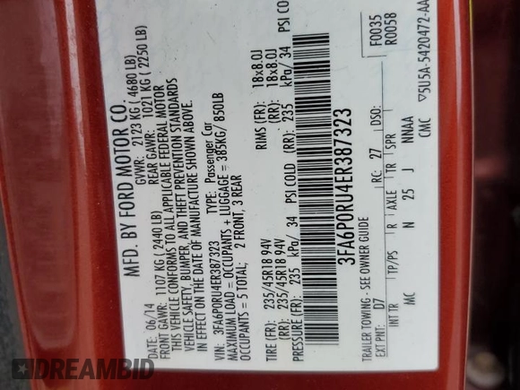 2014 Ford Fusion Titanium Hybrid with VIN 3FA6P0RU4ER387323, listed as a Copart auction lot 57107195 with Not provided miles and Salvage title. Bid and sale history available at DreamBid. Image 12.