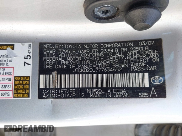 2007 Toyota Prius with VIN JTDKB20U777634652, listed as a IAAI auction lot 42182657 with 200,657 mi miles and . Bid and sale history available at DreamBid. Image 9.
