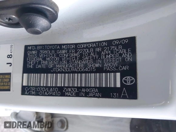 2010 Toyota Prius II with VIN JTDKN3DU9A0064015, listed as a IAAI auction lot 41967100 with 173,526 mi miles and . Bid and sale history available at carsss.com. Image 9.