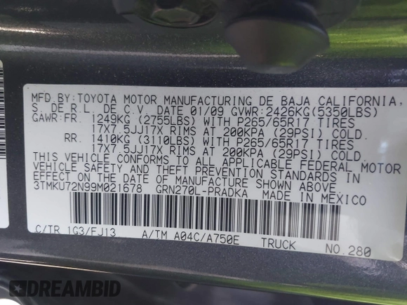 2009 Toyota Tacoma PreRunner with VIN 3TMKU72N99M021678, listed as a IAAI auction lot 41763776 with 155,381 mi miles and . Bid and sale history available at DreamBid. Image 9.