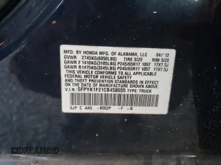 2012 Honda Ridgeline RT with VIN 5FPYK1F21CB458655, listed as a Copart auction lot 73167424 with 134,725 mi miles and Salvage title. Bid and sale history available at DreamBid. Image 13.