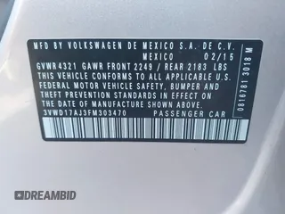 2015 Volkswagen Jetta Sedan 1.8T SE with VIN 3VWD17AJ3FM303470, listed as a IAAI auction lot 41973255 with 90,583 mi miles. Bid and sale history available at carsss.com. Image 9.