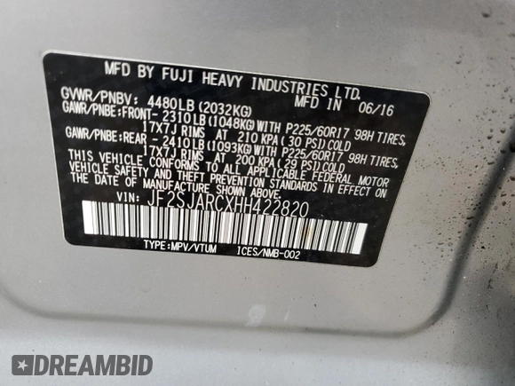 2017 Subaru Forester Limited with VIN JF2SJARCXHH422820, listed as a Copart auction lot 71250592 with 67,660 mi miles. Bid and sale history available at carsss.com. Image 15.