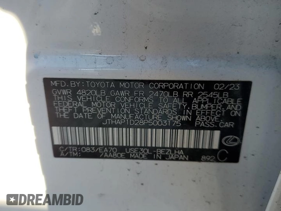2023 Lexus IS 500 F Sport Performance z VIN JTHAP1D28P5003175, wystawiony jako Copart lot #46109995 z przebiegiem 26 486 mil mil oraz Szkoda całkowita • Salvage title. Historia ofert i sprzedaży dostępna na DreamBid. Obrazek 12.