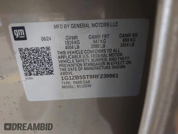 2024 Chevrolet Malibu LS with VIN 1G1ZB5ST9RF239961, listed as a IAAI auction lot 41884570 with 21,153 mi miles and . Bid and sale history available at DreamBid. Image 9.