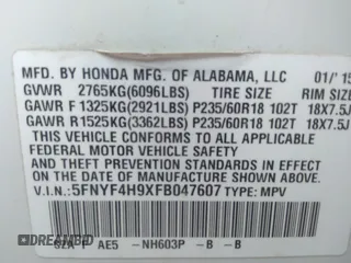2015 Honda Pilot Touring with VIN 5FNYF4H9XFB047607, listed as a IAAI auction lot 41781534 with 157,252 mi miles. Bid and sale history available at carsss.com. Image 9.