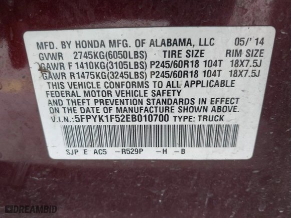 2014 Honda Ridgeline RTL with VIN 5FPYK1F52EB010700, listed as a IAAI auction lot 41490401 with 180,947 mi miles. Bid and sale history available at carsss.com. Image 9.