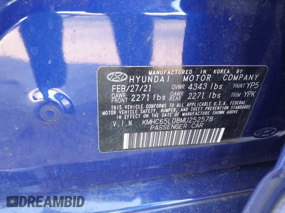 2021 Hyundai Ioniq SE with VIN KMHC65LD8MU252578, listed as a IAAI auction lot 40965612 with 25,384 mi miles and . Bid and sale history available at DreamBid. Image 9.