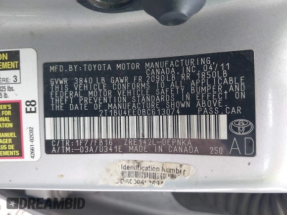 2011 Toyota Corolla L with VIN 2T1BU4EE0BC613074, listed as a IAAI auction lot 42130192 with 364,338 mi miles. Bid and sale history available at carsss.com. Image 9.