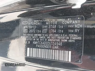2013 Hyundai Veloster w/Gray Int with VIN KMHTC6AD1DU154946, listed as a IAAI auction lot 42375871 with 108,095 mi miles and . Bid and sale history available at DreamBid. Image 9.