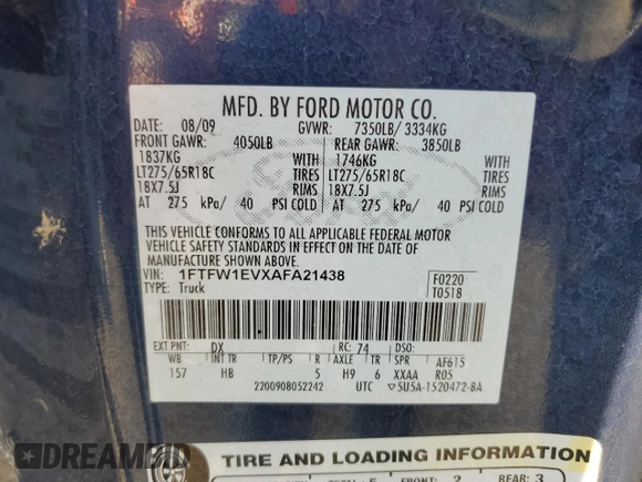 2010 Ford F-150 XL with VIN 1FTFW1EVXAFA21438, listed as a Copart auction lot 53559015 with 214,526 mi miles and Clean Title. Bid and sale history available at carsss.com. Image 12.