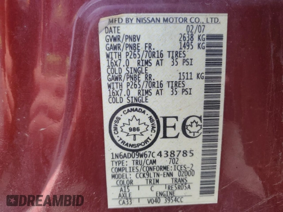 2007 Nissan Frontier SE with VIN 1N6AD09W67C438785, listed as a Copart auction lot 57078575 with 380,857 mi miles and Clean title. Bid and sale history available at DreamBid. Image 13.