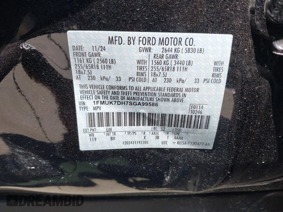 2025 Ford Explorer Active with VIN 1FMUK7DH7SGA99586, listed as a IAAI auction lot 42325672 with 1,960 mi miles and . Bid and sale history available at DreamBid. Image 9.